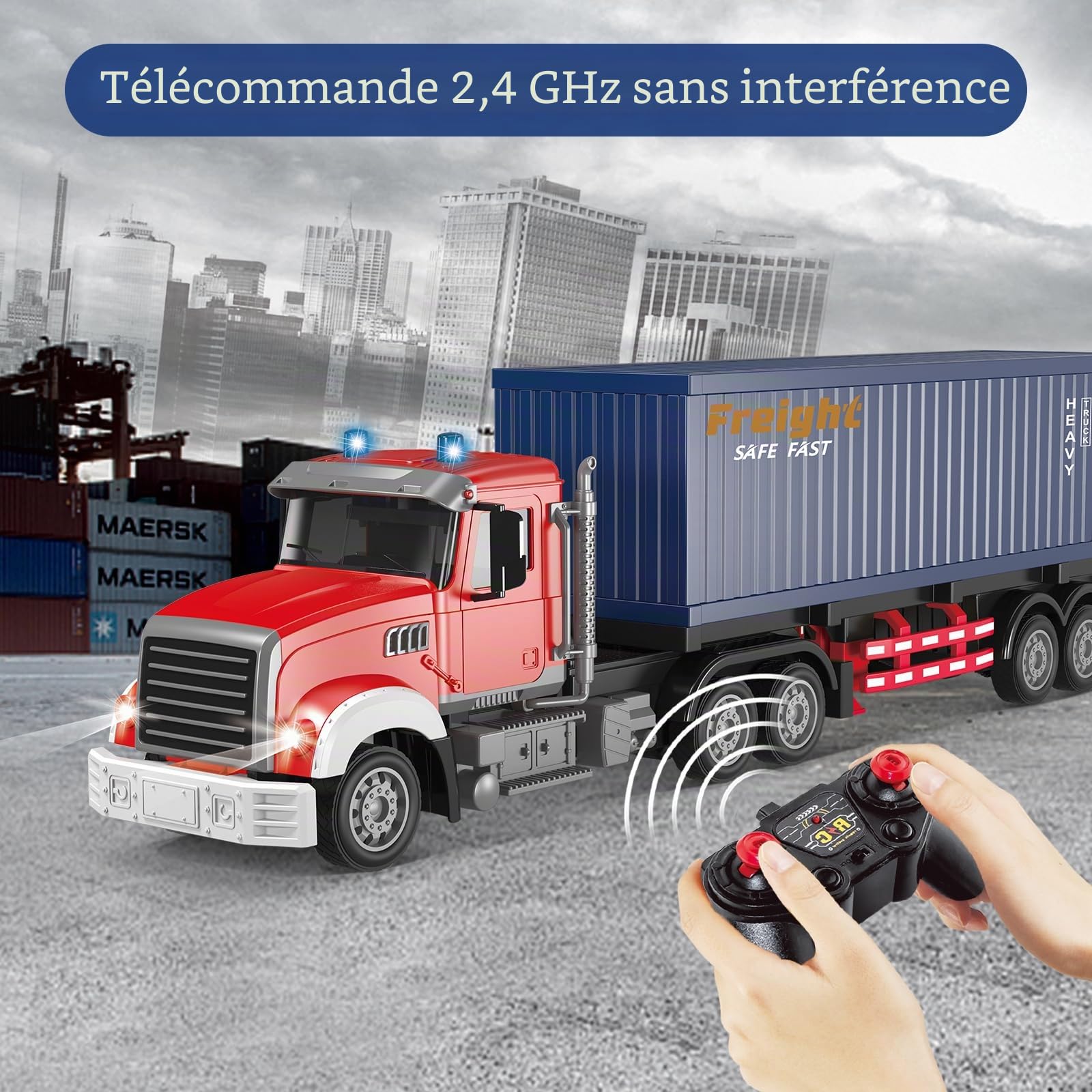 Mostop Camion Transporteur de Conteneurs RC, Véhicule de Transport ABS & Métal 10WD, Chariots Transportables de Grande Taille avec Télécommande et 8 Chariots, Camion Jouet Transporteur avec Lumières