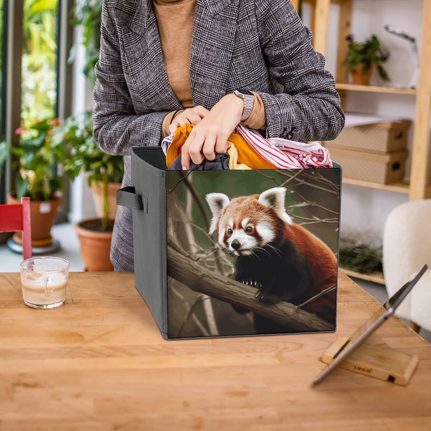 Folding Storage Bins Oxford Fabric Clothes Storage Boxes with Handles | Red Panda on Tree Branch Cube Organizer, Easy to Store, Multi Functional Cube Storage Organizer for Office Bedroom