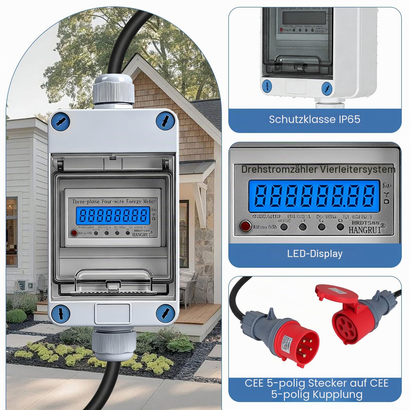CPROSP 3 Phasen Mobiler Stromzähler 16A 400V, Digitaler Stromzähler Mit CEE Stecker und Kupplung, Drehstromzähler Mit Rückstellfunktion, 3m Kabel, für Wohnwagen, Elektrofahrzeuge, Camping, IP65