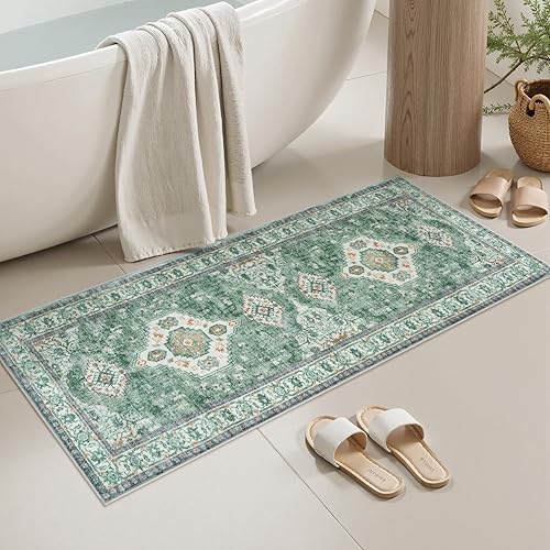 Seavish Alfombra de baño verde de 20 x 47 pulgadas, vintage, bohemio, absorbente, antideslizante, lavable, para fregadero, ducha, tocador, bañera,