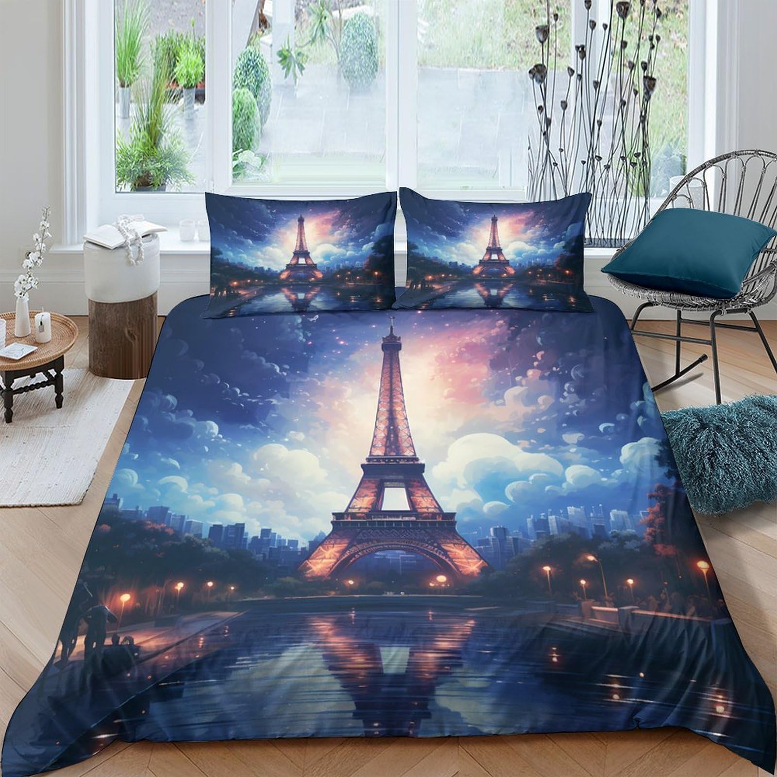 Ctjqhvkz Style-2 3D Printed Paris Eiffel Tower Fitted Sheet Microfiber Soft Breathable Night Skyline Bed Cover For Bedroom Guest Room Decor Single（135X200cm）