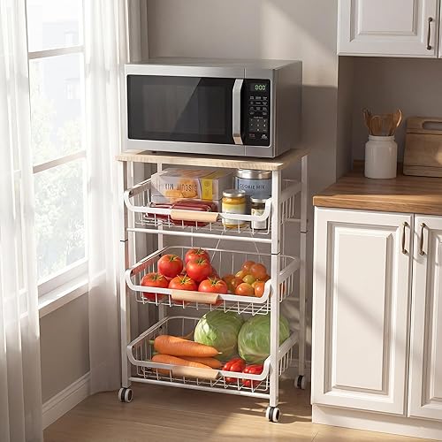 JAQ Cesta deslizante para frutas y verduras para cocina, carrito de almacenamiento con ruedas de 4 niveles con mango de madera y parte superior,