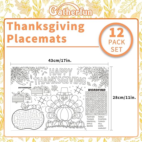 Miniatura 6 de Paquete de 12 manteles individuales desechables de otoño y Acción de Gracias para niños, 11 x 17 pulgadas, diseño de pavo y pavo para decoración de