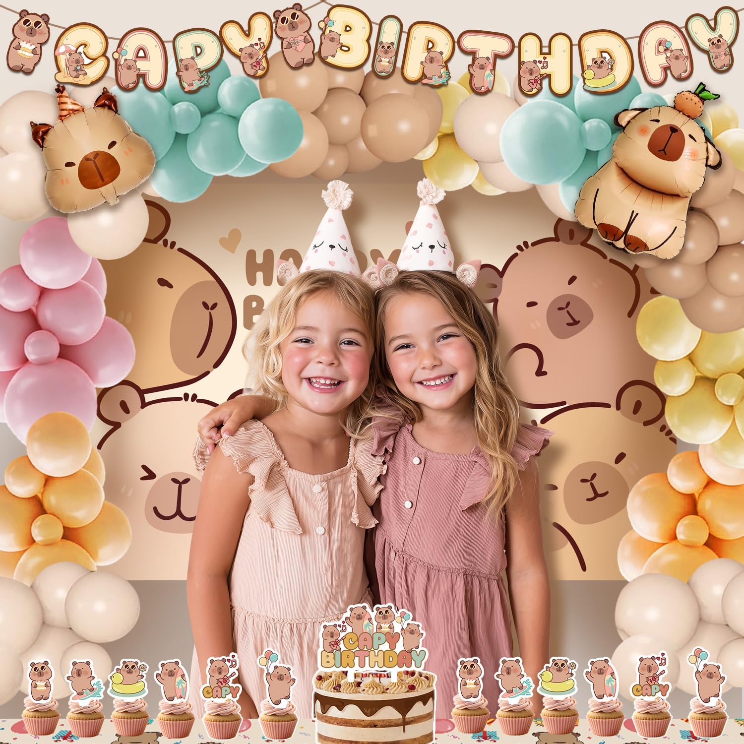 Capybara Birthday Party Decorations - 99pcs Balloons Garland Kit, Capybara Backdrop, Capy Birthday Banner, Tablecloth, Foil Balloons, Capybara Cake and Cupcake Toppers