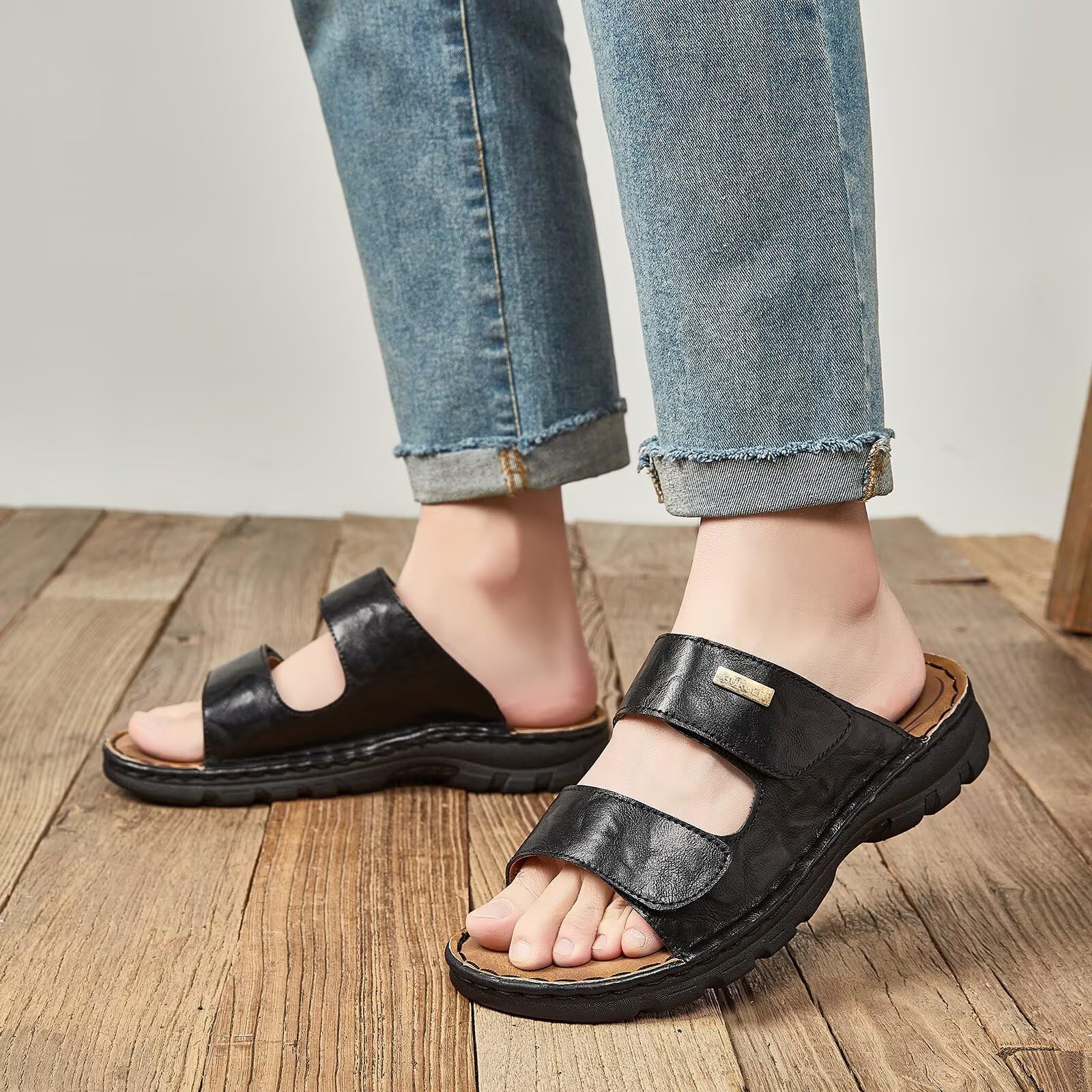 Sandali Uomo Pelle con Doppio Strappo Regolabile, Ciabatte Uomo Estive Aperte, Scarpe Comode Antiscivolo per Casa, Spiaggia, Vacanze e Tempo Libero