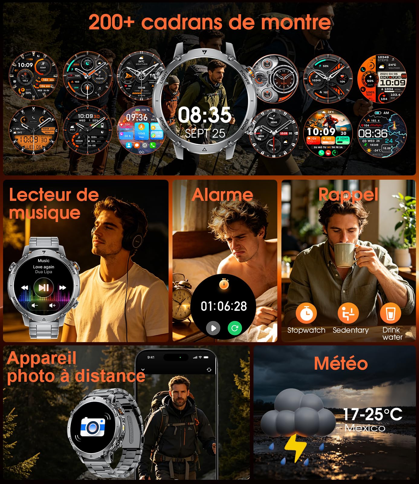 Montre Connectée Homme 1,7" Écran HD,Batterie 1400mAh, Lampe Torche LED,Appel Bluetooth,120+ Modes Sport,5ATM Étanche Smartwatch,Montre Intelligente Android/iOS, 2 Bracelets, Noir