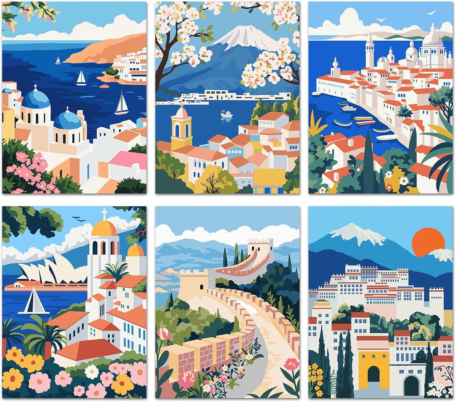 Bougimal 6 Pack Paint by Numbers Kit for Adults Beginners, 12" W x 16" L Scenery-Cityscape DIY Acrylic Paint Set on Canvas Without Frame in Box, Adults Kids Paint by Numbers Kits for Home Wall Decor