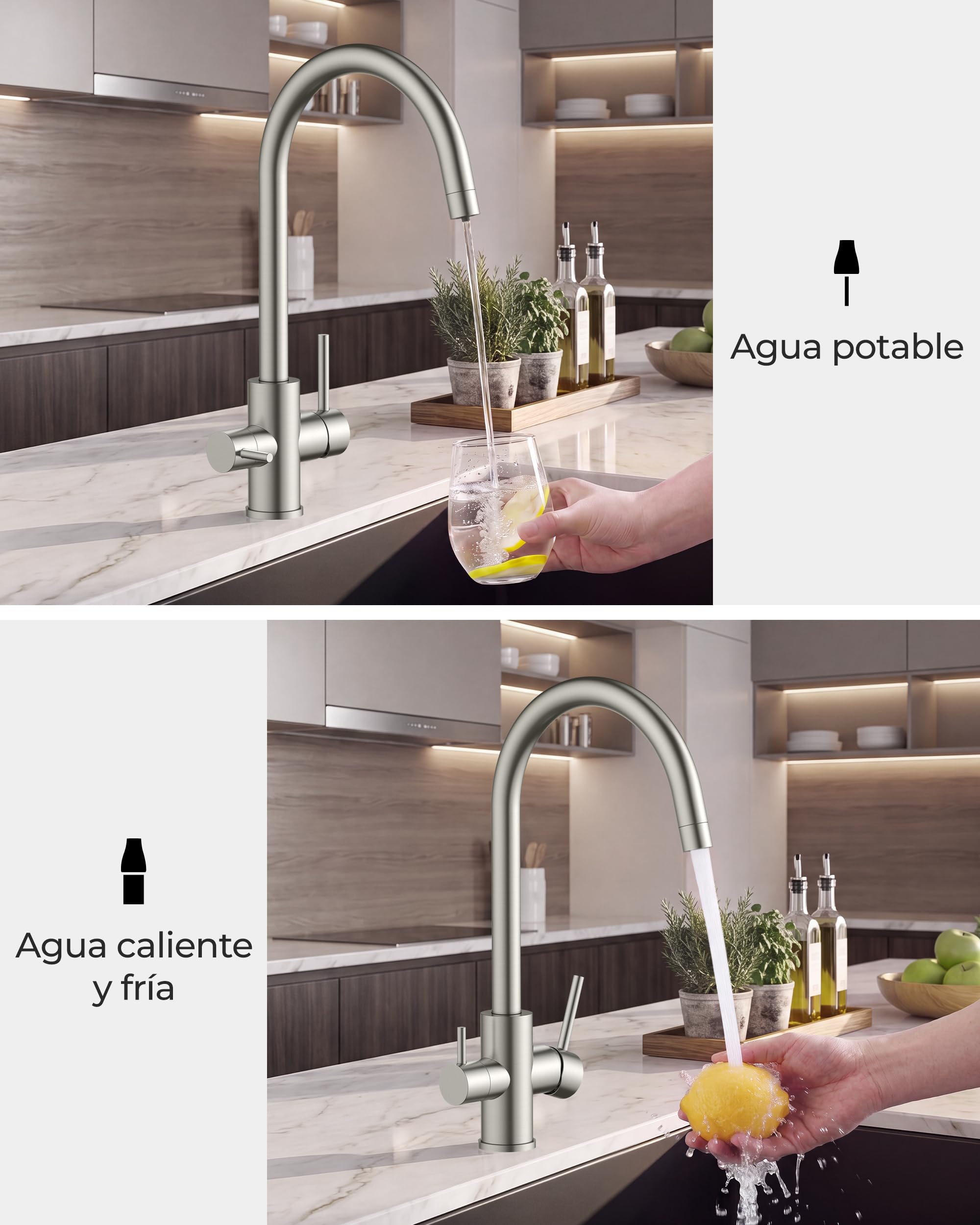 FORIOUS Grifo Cocina 3 Vías, Grifo Monomando Cocina de Acero Inoxidable, Grifo Fregadero Cocina con Doble Maneta y Giro 360°