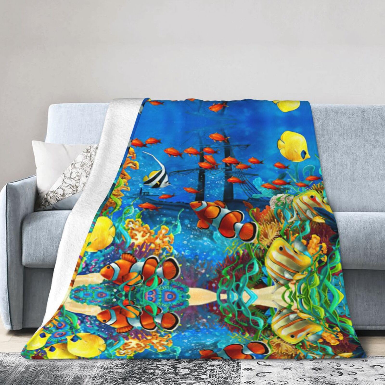 Uusnwaa Soft Cosy Fleece Warm Throw The Underwater World Tropical Fish Print Blanket