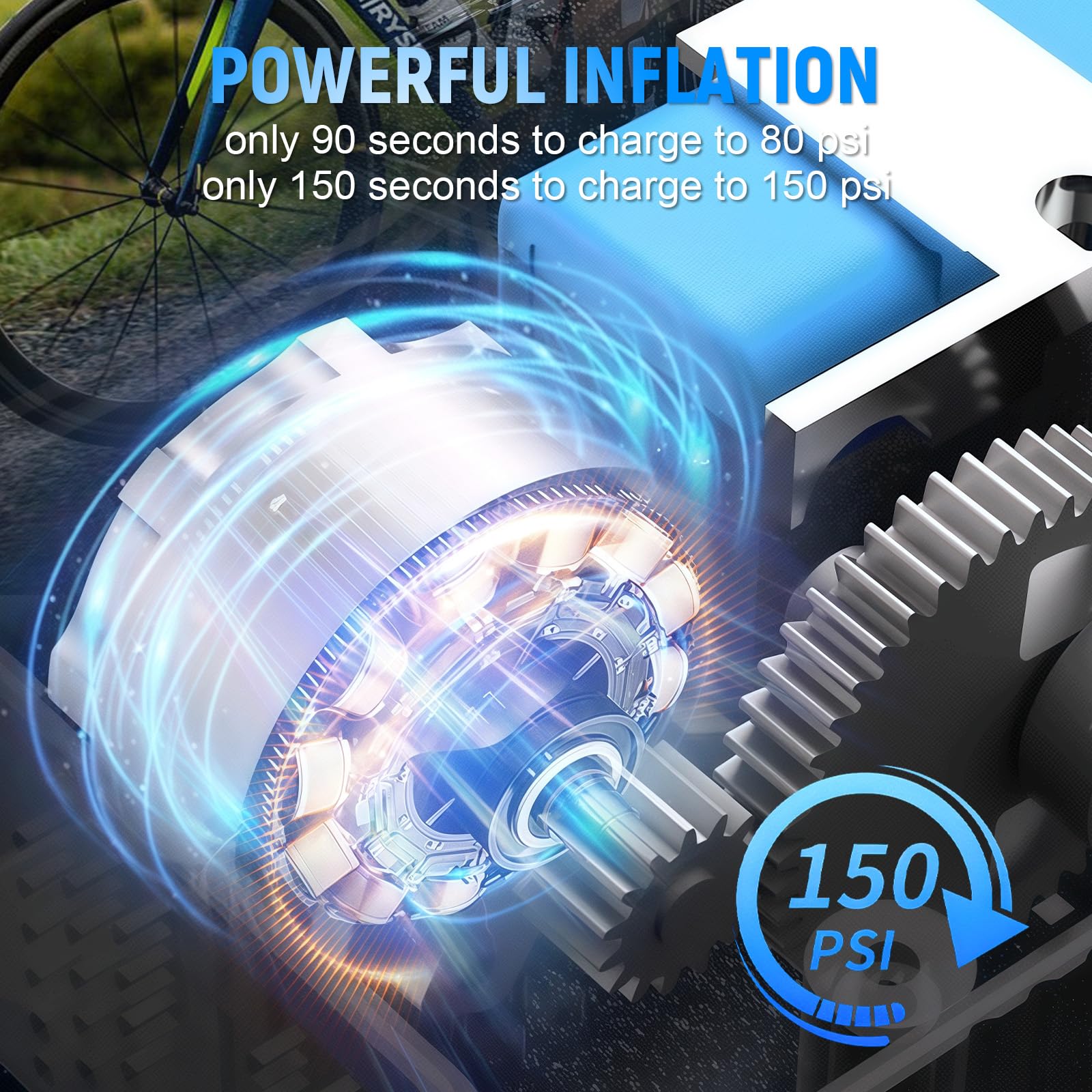 Compresor Aire Portatil, 150PSI Inflador Ruedas Coche, Bomba de Bicicleta, Mini Bomba de Aire Bicicleta Electrica, con Pantalla LCD Digital y Linterna LED, para Coches, Motos