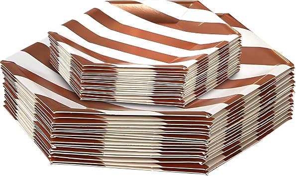 Silver Spoons White & Rose Gold Striped Hexagon Disposable Paper Dinnerware Set - 10.25" & 7.5" 18 Dinner Plates & 18 Salad Plates - Perfect for Weddings, Birthdays & Special Occasions