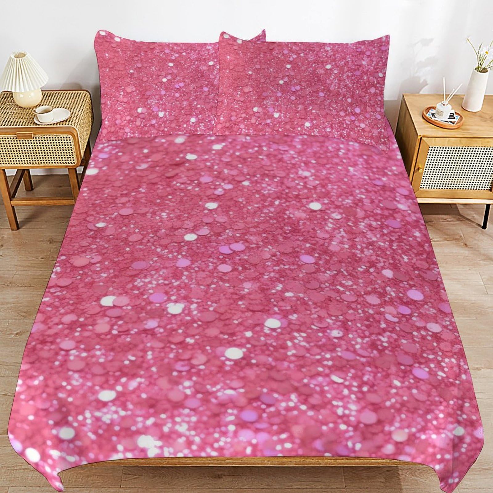 Set di biancheria da letto 3 pezzi, ultra morbido, con glitter rosa scintillante + 2 federe, leggero copripiumino double-face, per casa/hotel/regali, 218,4 x 178,8 cm