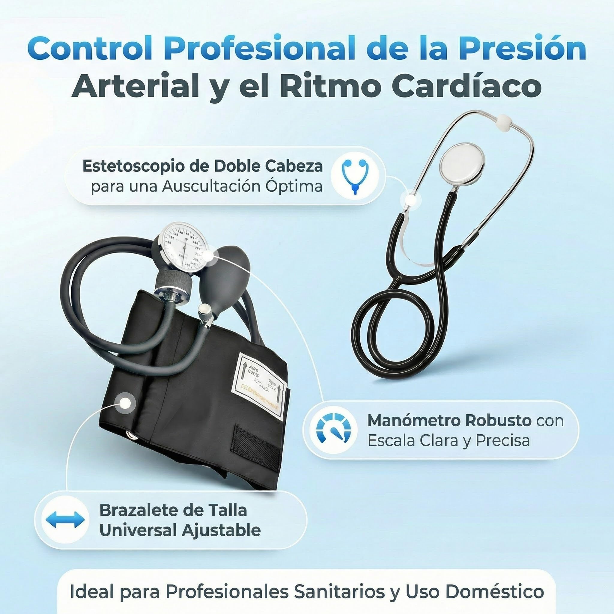 Tensiómetro de Brazo Manuales con Estetoscopio Doble Campana, Esfigmomanómetro Aneroide, Bolsa para Servicios de Socorro, Médico, Consultorio, Negro