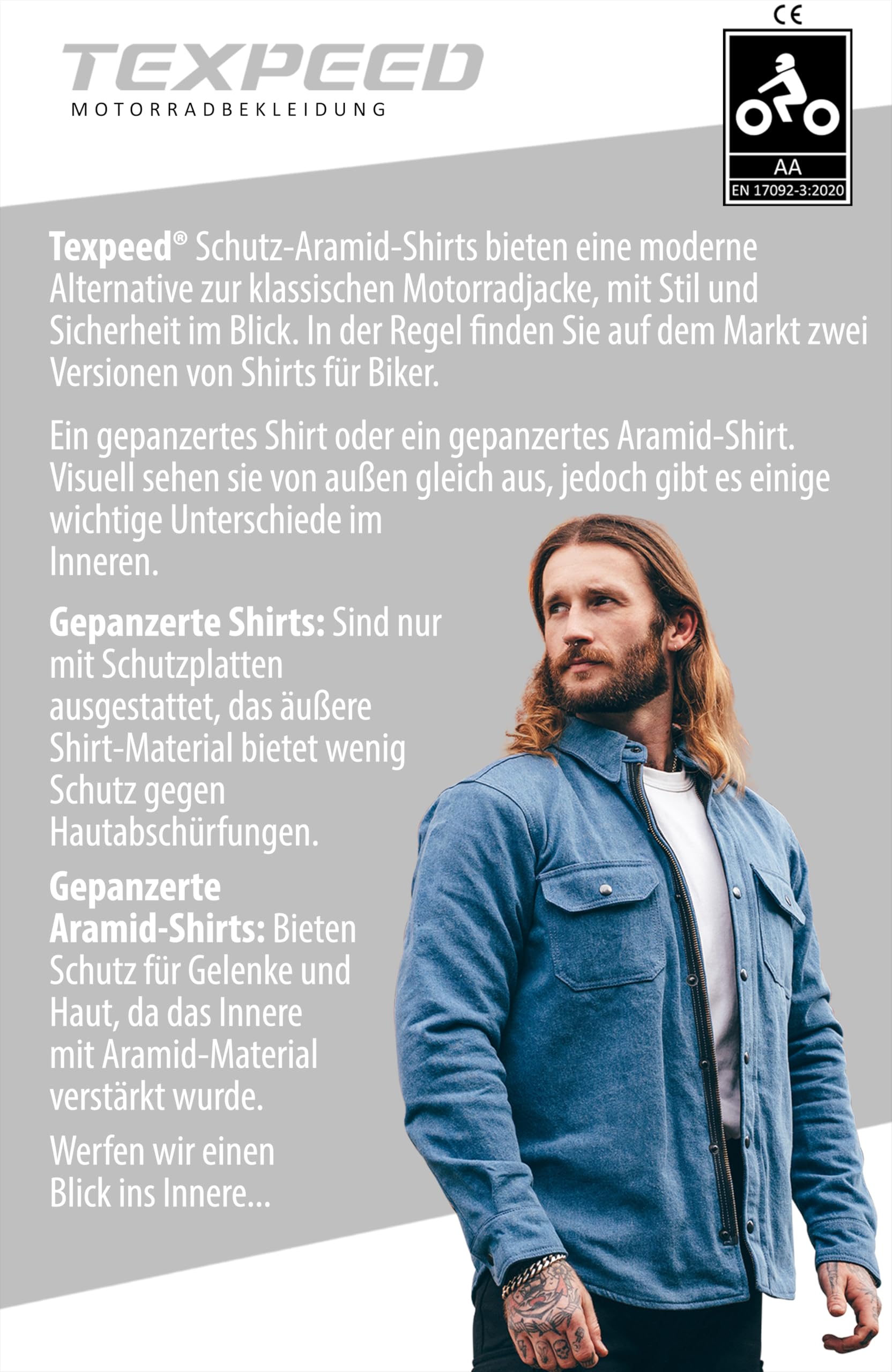 Texpeed Motorradhemden herren mit protektoren - Biker Motorradjacke Hemden Hergestellt mit Aramid - Mit Schutz (EN 1621-1) Blau - 4XL
