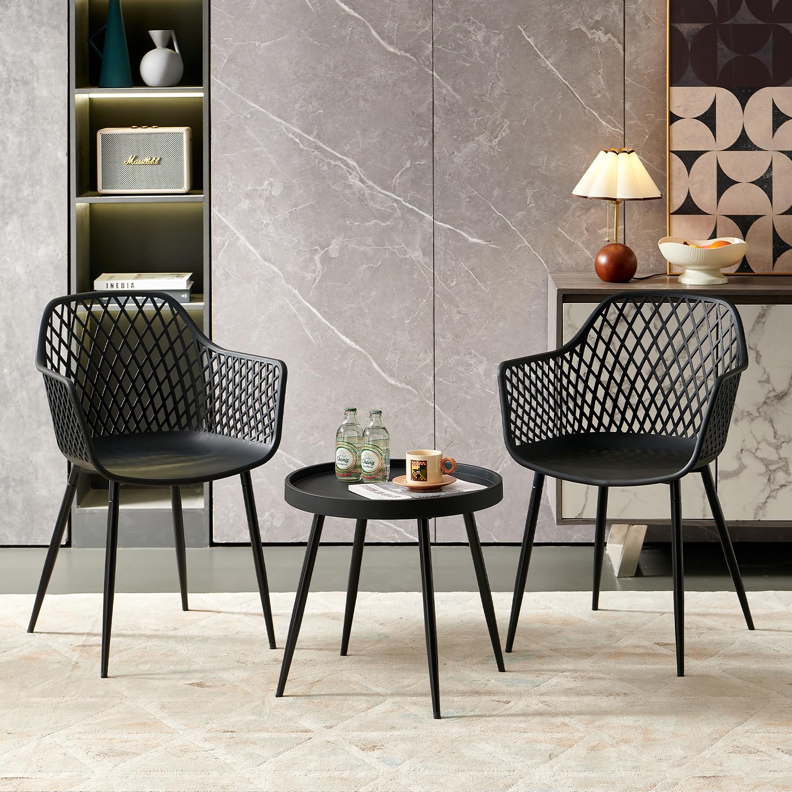 Tavolo bistrot con 2 sedie, piccolo tavolo da pranzo con 2 sedie | Set tavolo e sedie per sala da pranzo: 2 poltroncine nere + 1 tavolino + 1 tavolo effetto marmo – ⌀ 80 cm