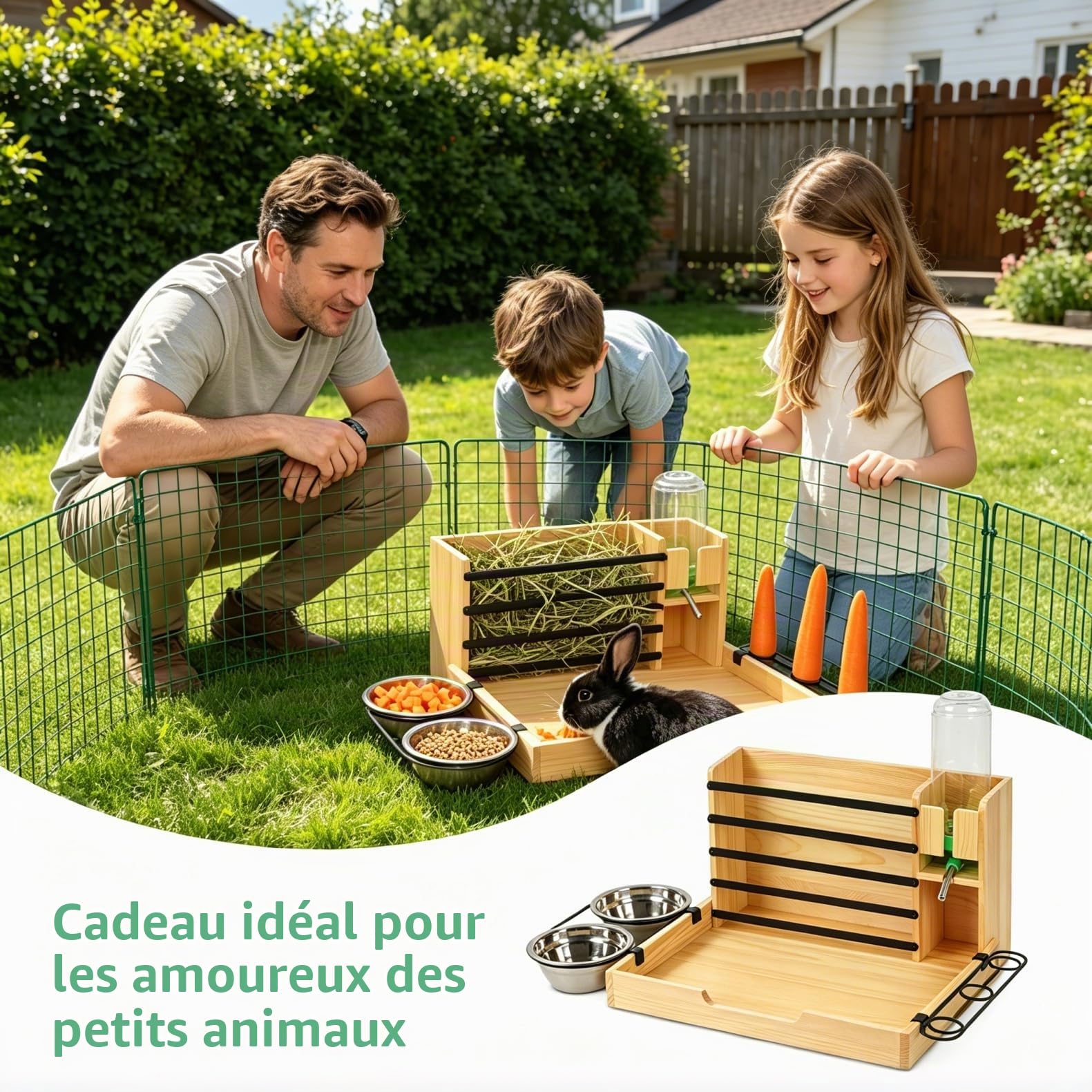 Grand râtelier à foin en bois pour lapin, mangeoire avec gourde, 2 gamelles, support pour carotte et distributeur automatique de nourriture pour lapins nains, cochons d'Inde, hamsters