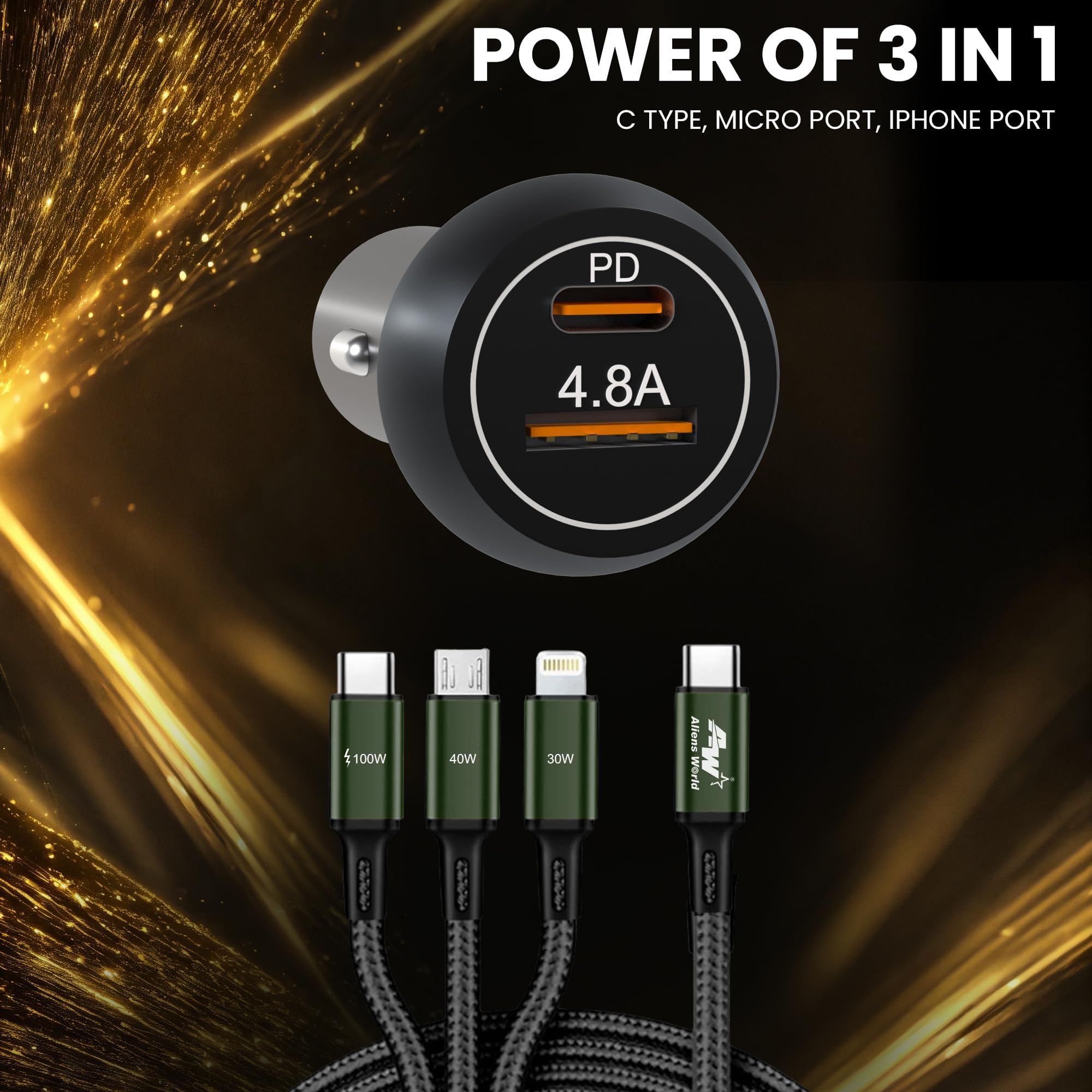 aliens world PD4.8A +24 Watt PD+USB Fast Car Charger with Dual Output,24 Watts,Fast Charging, Adapter for iPhone & Android Smartphones and Tablets with 3 in 1 Data Cable (Black) 3
