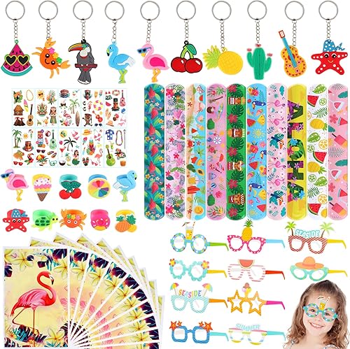 60 piezas hawaianas de fiesta para niños, rellenos de piñata Luau, pulseras para tatuajes, anillos, verano, playa, fiesta, gafas, flamenco, bolsas