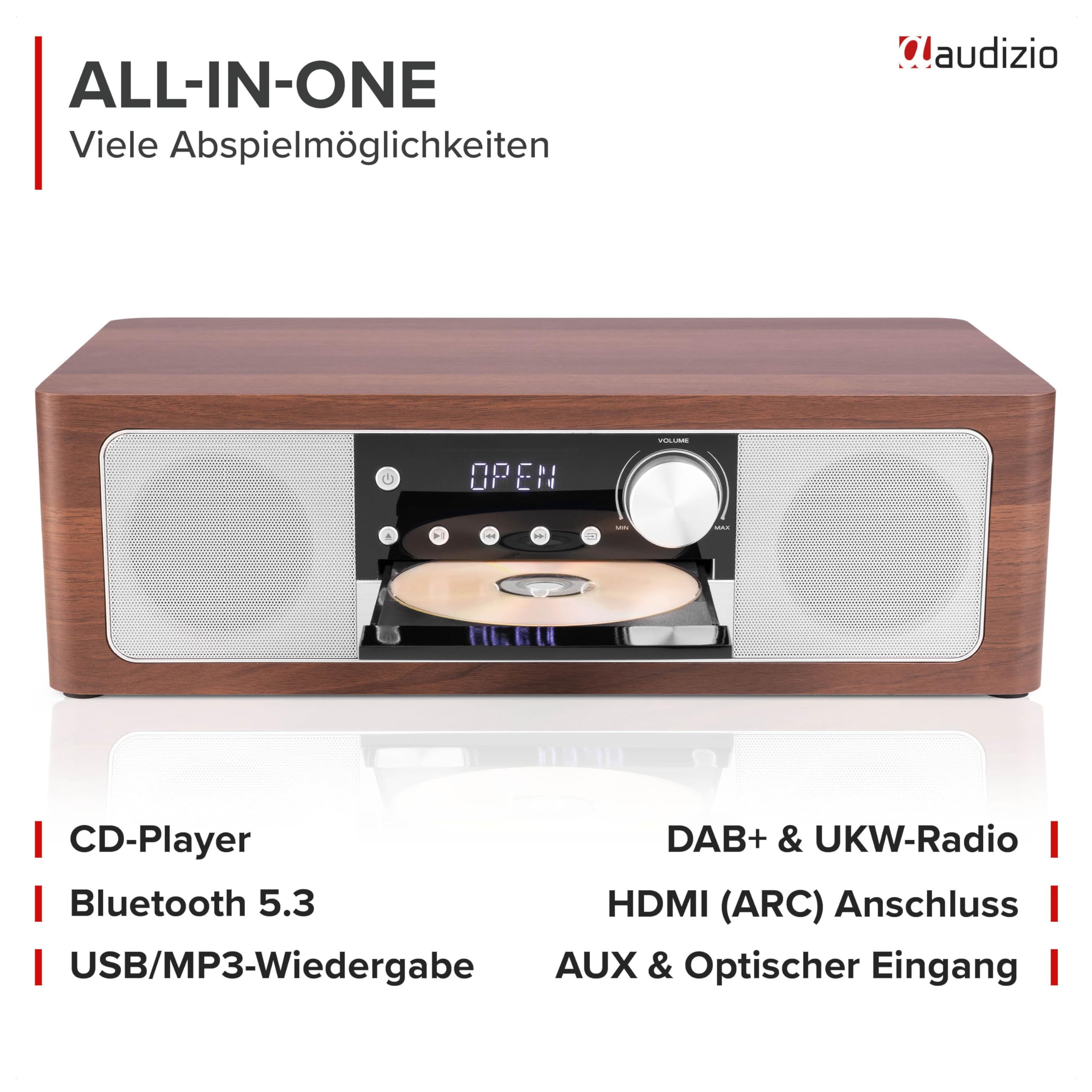 Audizio Lunata - DAB Radio mit CD Player, 100W Stereoanlage mit CD & Bluetooth 5.3 - Musikanlage mit HDMI, USB & AUX, Einfache Steuerung, DAB Plus Radio Musikanlage mit Fernbedienung - Silber