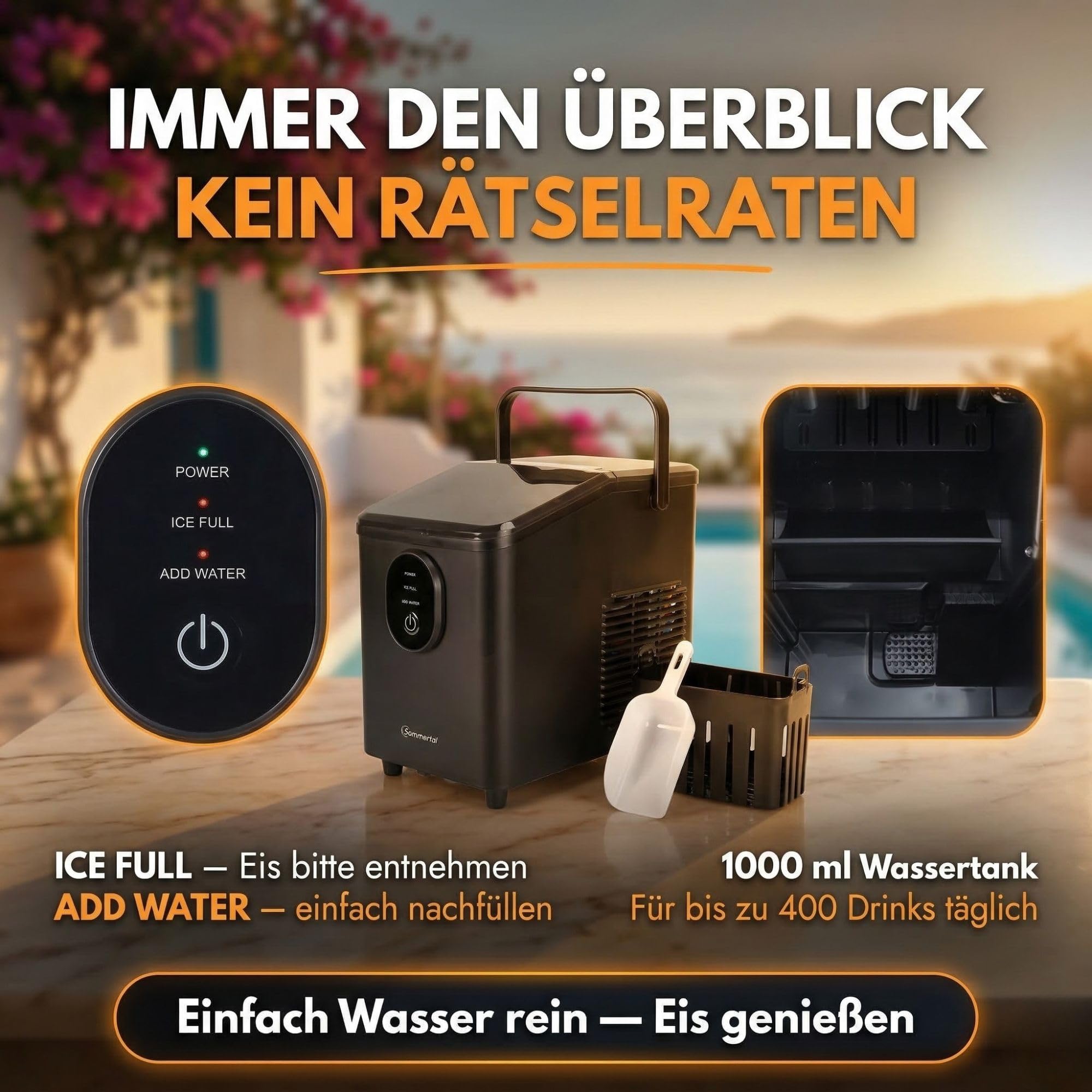 Sommertal EM12S Eiswürfelmaschine 12kg/24h leise 50dB Ice Maker für Küche Büro Party