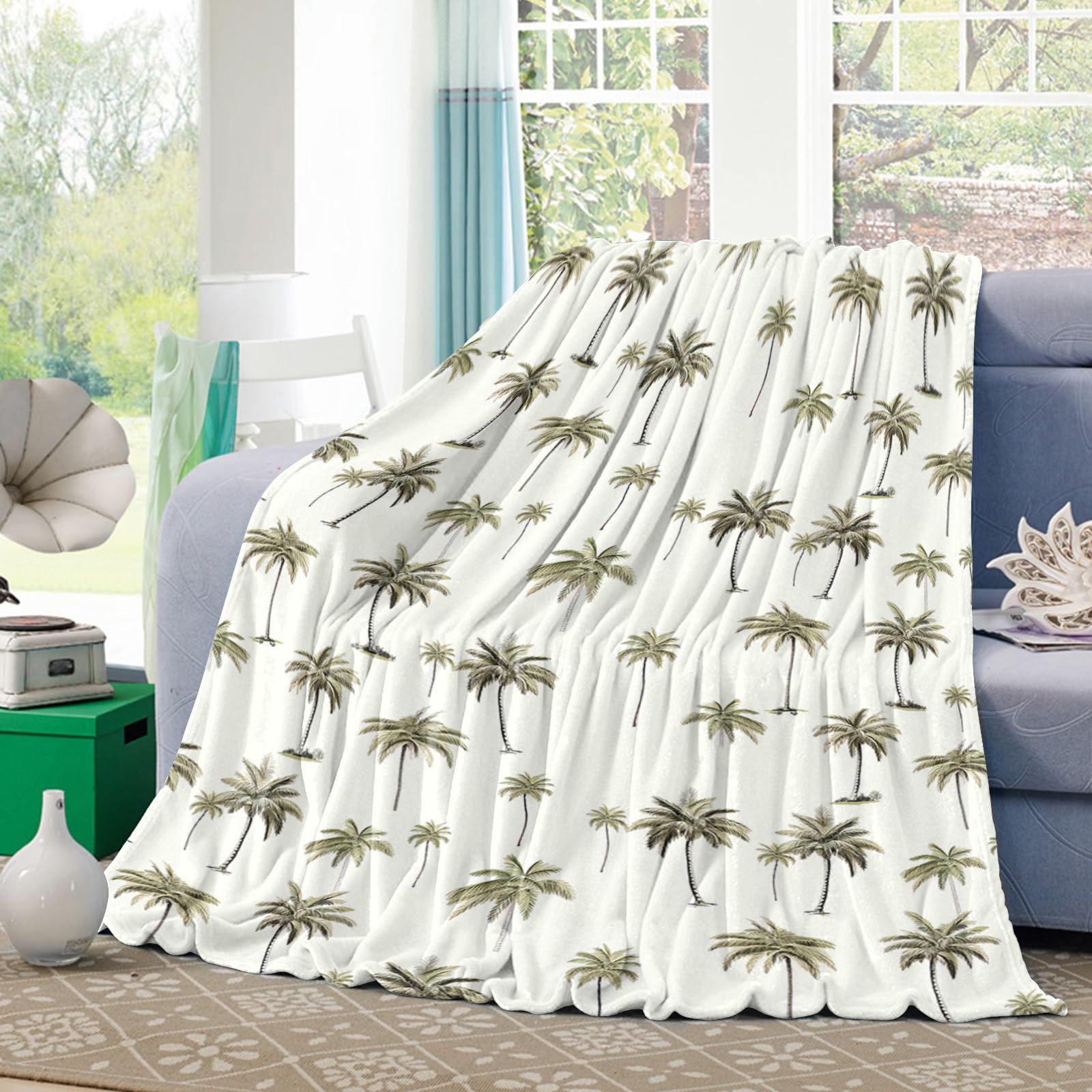 Amazon.com: Flannel Throw Blanket Summer Green Palm Trees on White