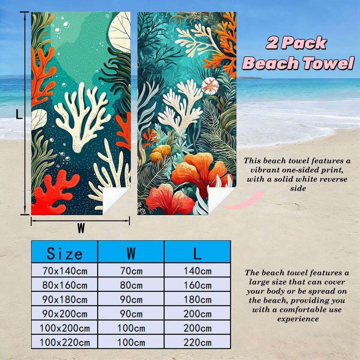 Ręcznik plażowy z mikrofibry, zestaw 2 dużych ręczników kąpielowych 100x220 cm, szybkoschnący, koralowy ręcznik kąpielowy, ręczniki plażowe, sportowe ręczniki z mikrofibry do podróży -4738