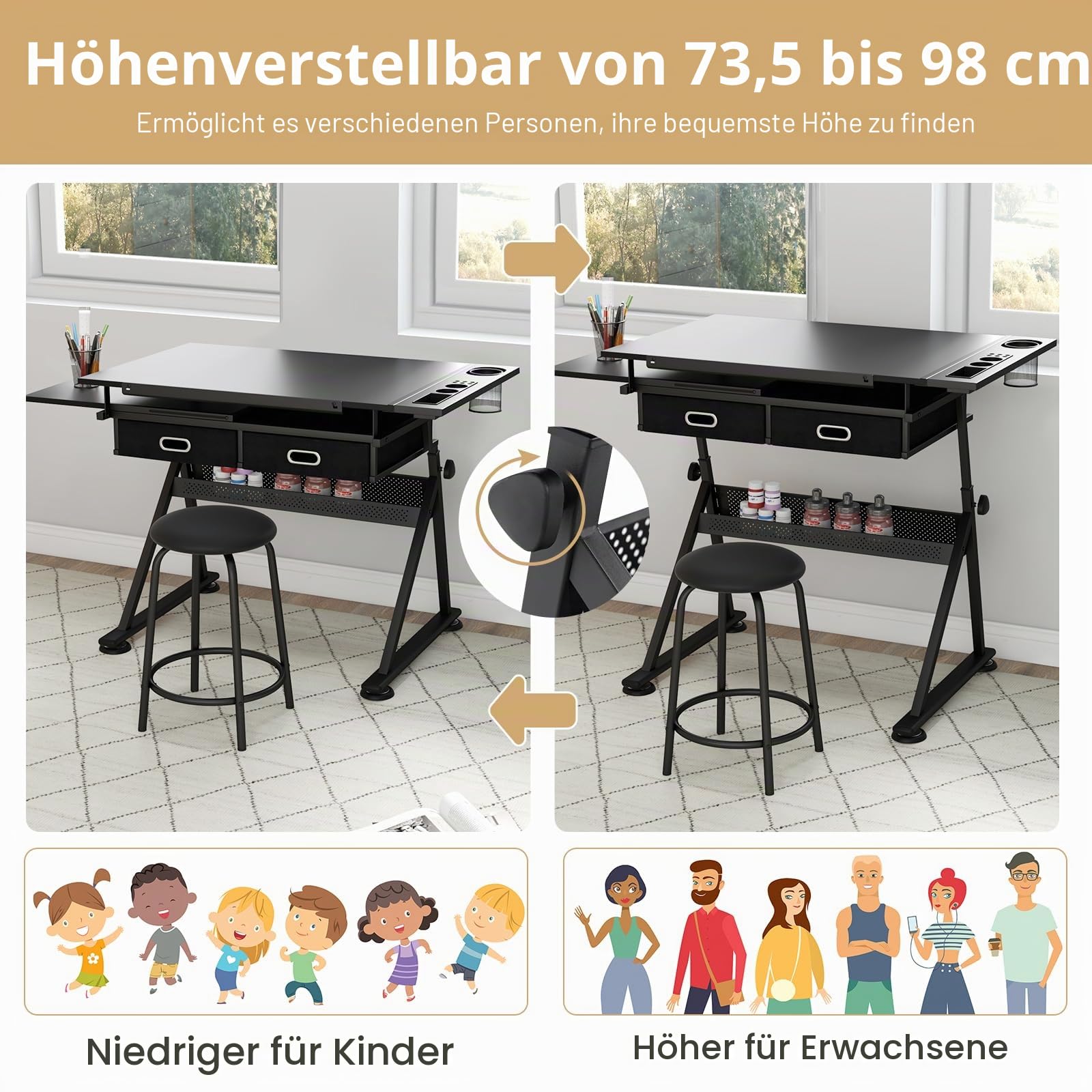 GIANTEX Zeichentisch mit Hocker, Architektentisch Schreibtisch höhenverstellbar & neigungsverstellbar, Schülerschreibtisch 2 Schubladen / 2 Arbeitsflächen, Bürotisch Arbeitstisch Architekten (Schwarz)