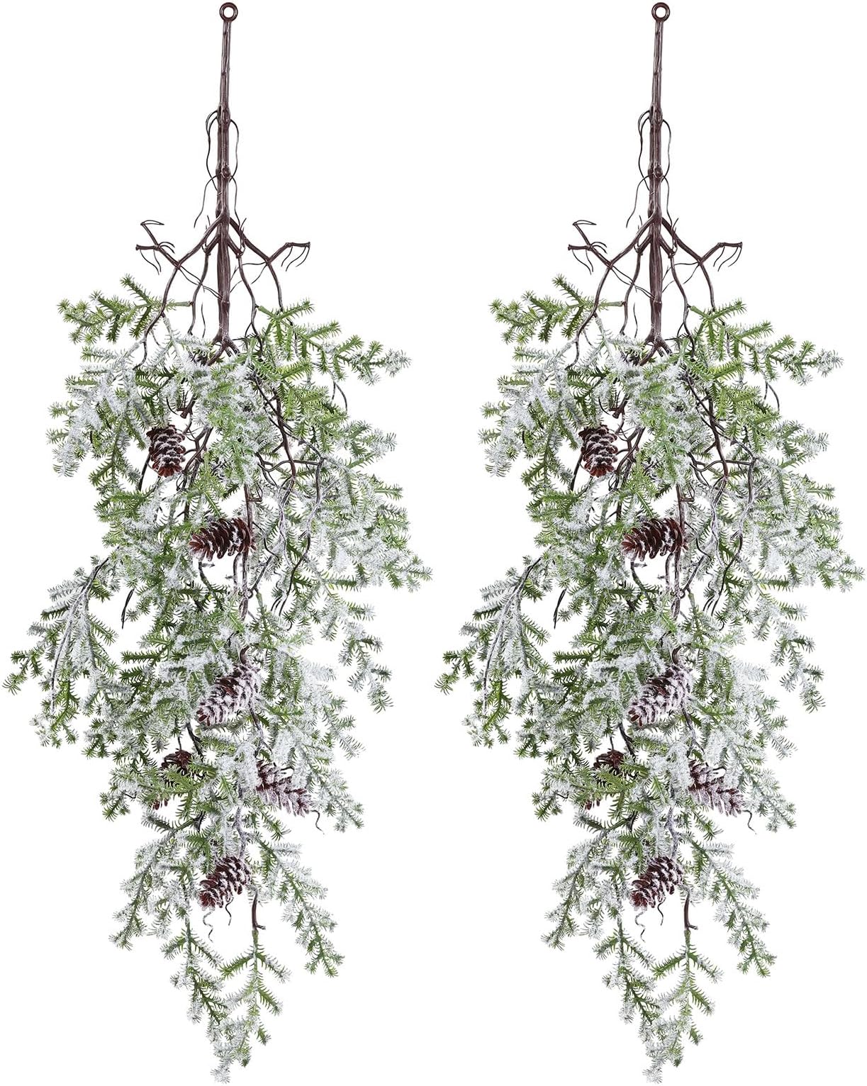 Topotdor 2 Pcs Christmas Teardrop Swags, 35.4 Inch Long Artificial Pine Needles Swag with Pine Cones, Decorative Stairway Swag Teardrop Wreath for Xmas Holiday Home Table and Door Decor