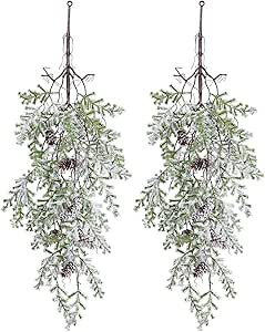 TSYFM Christmas Teardrop Swags - 2 Pack 21.6" Artificial Pine Swag With Red Berries, Bow & Pinecones For Door & Table Decor