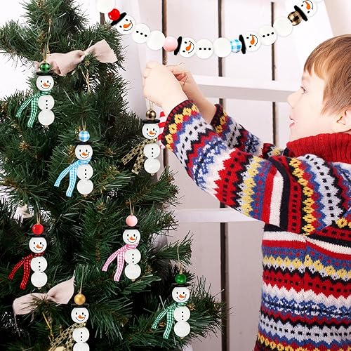 Miniatura 5 de TREWAVE 307 cuentas de madera de muñeco de nieve de Navidad, proyecto de manualidades para niños, cuentas de madera pulida natural con cordel,