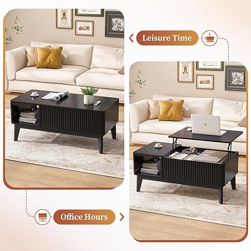 Miniatura 4 de LYNCOHOME Mesa de centro acanalada con compartimento oculto, mesas de centro elevables de madera, mesa central moderna para sala de estar, oficina