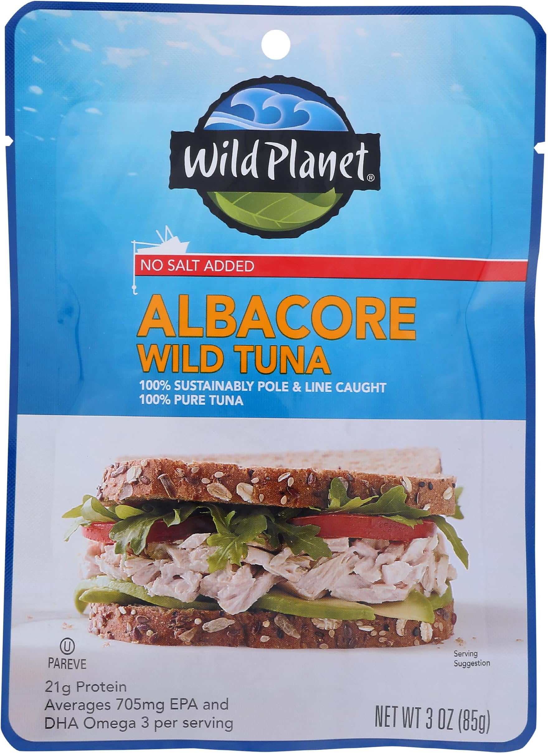 Wild Planet Wild Albacore Tuna, No Salt Added, Sustainably Wild-Caught, Kosher, Gluten Free, Keto and Paleo, 3rd Party Mercury Tested, 3 Ounce Pouch (Pack of 1)