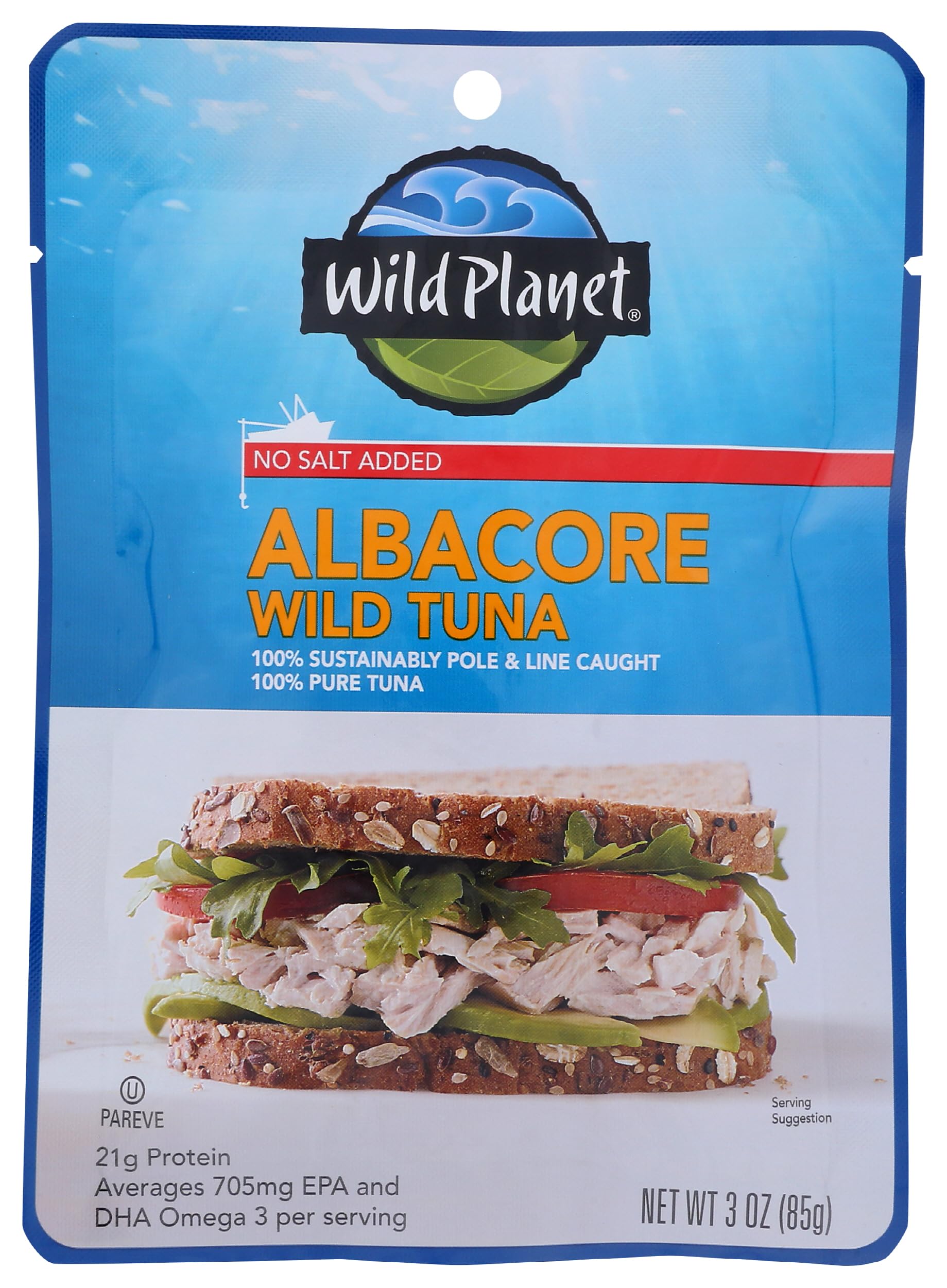 Wild Albacore Tuna, No Salt Added, Sustainably Wild-Caught, Kosher, Gluten Free, Keto and Paleo, 3rd Party Mercury Tested, 3 Ounce Pouch (Pack of 1)