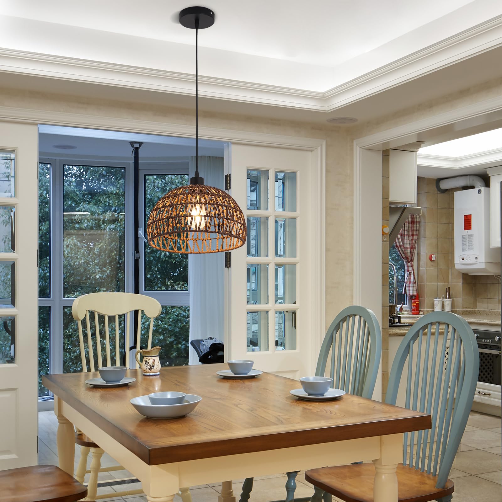 Garwarm Chandelier Rattan nature ceiling lamp Pendant Lamp Boho Light Fixtures ceiling light ceiling lampshade Lighting Hanging Light for Farmhouse Kitchen Living Room Bar E27 (31x 20cm/coffee)