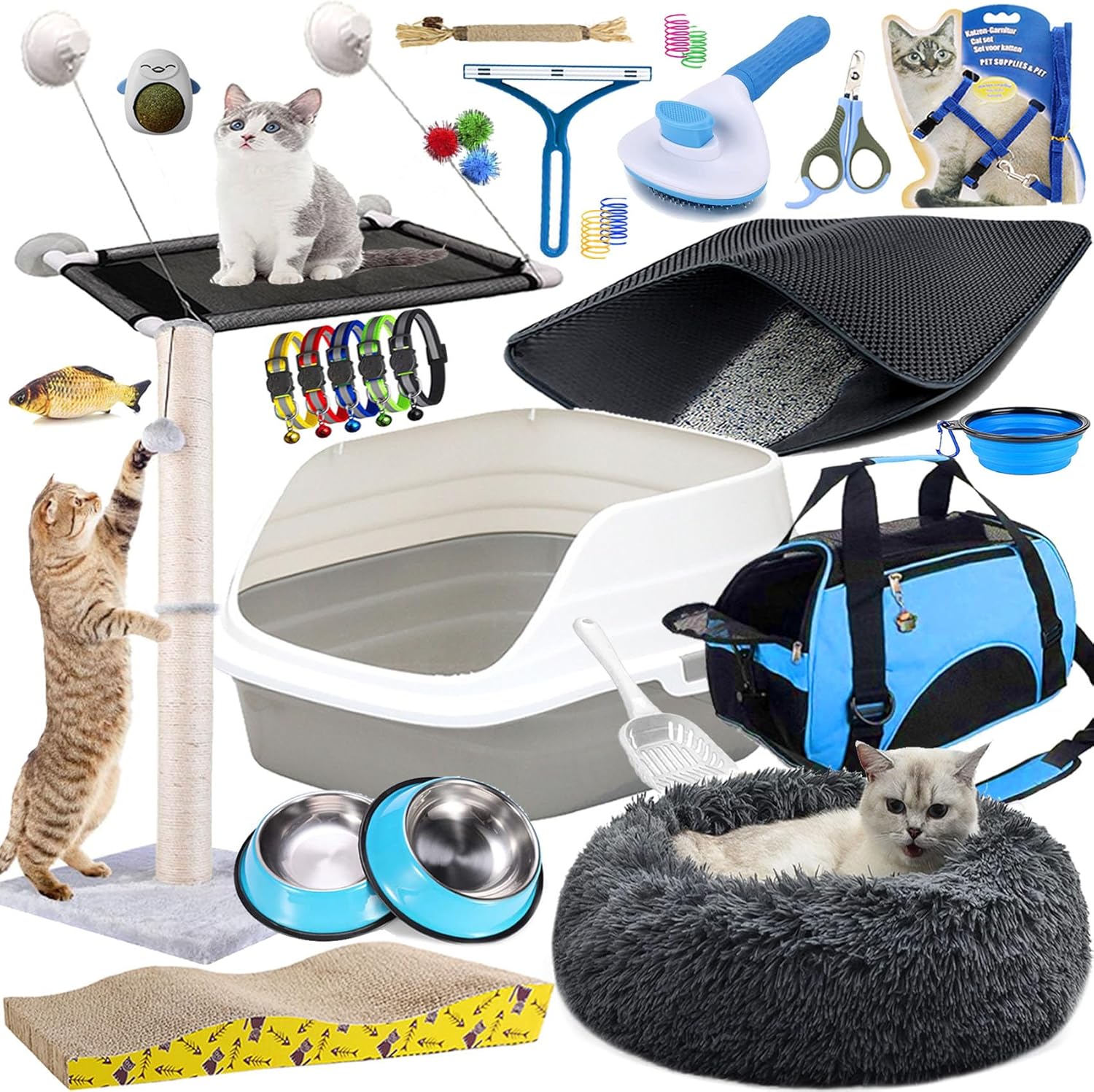 Kitten Supplies Starter Kit - 30-Piece Set of Cat Essentials and Cat Stuff. Includes Cat Litter Box, Toys, Bed, Carrier, Bowls, Brush, and More. Perfect Welcome Home Gift for Your New Cat-Blue