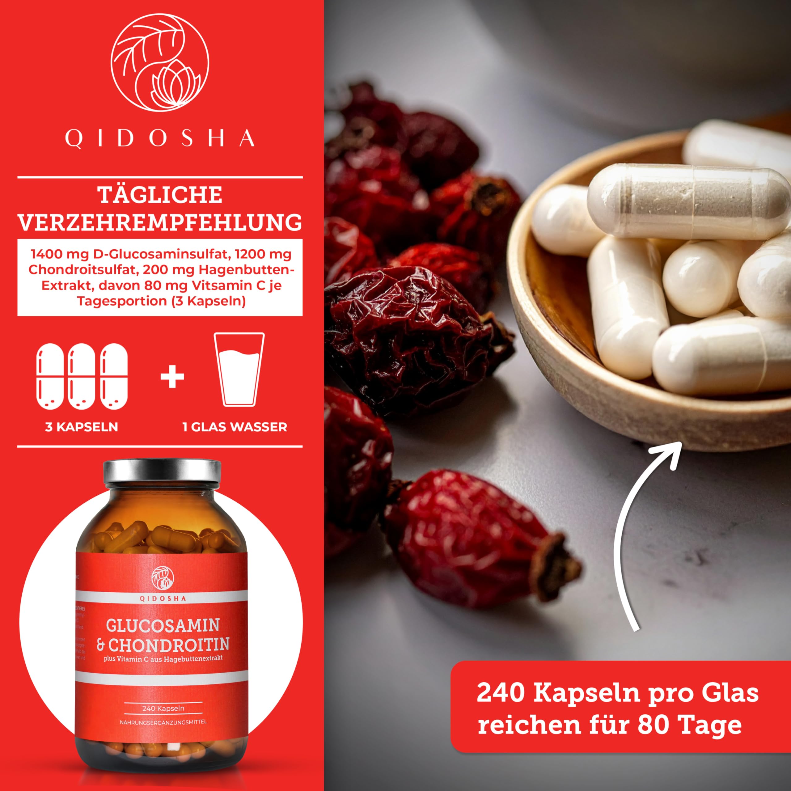 QIDOSHA® Glucosamin & Chondroitin plus Vitamin C, 240 Kapseln, jede Charge laborgeprüft, deutsche Fertigung, 1400mg Glucosamin, 1200mg Chondroitin & 200mg Hagebuttenextrakt je Tagesportion (3 Kapseln)