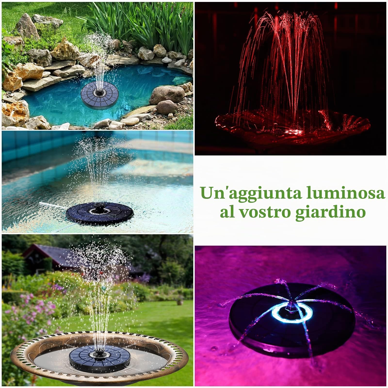 AISITIN Fontana Solare da Giardino Esterno 5,5W con Luci LED - Pompa ad Energia Solare con 7 Effetti Ugelli e 4 Fissatori - Galleggiante Fontana Solare per Laghetto/Stagni/Vasca Uccelli/Giardino