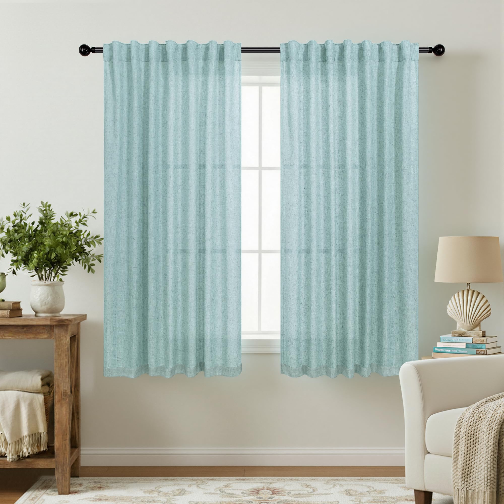 KOUFALL Aqua Short Curtains for Bedroom, Back Tab Rod Pocket Linen Small Curtains for Summer Bathroom Window 54 Inch Length, Mint Sea Green — image 1