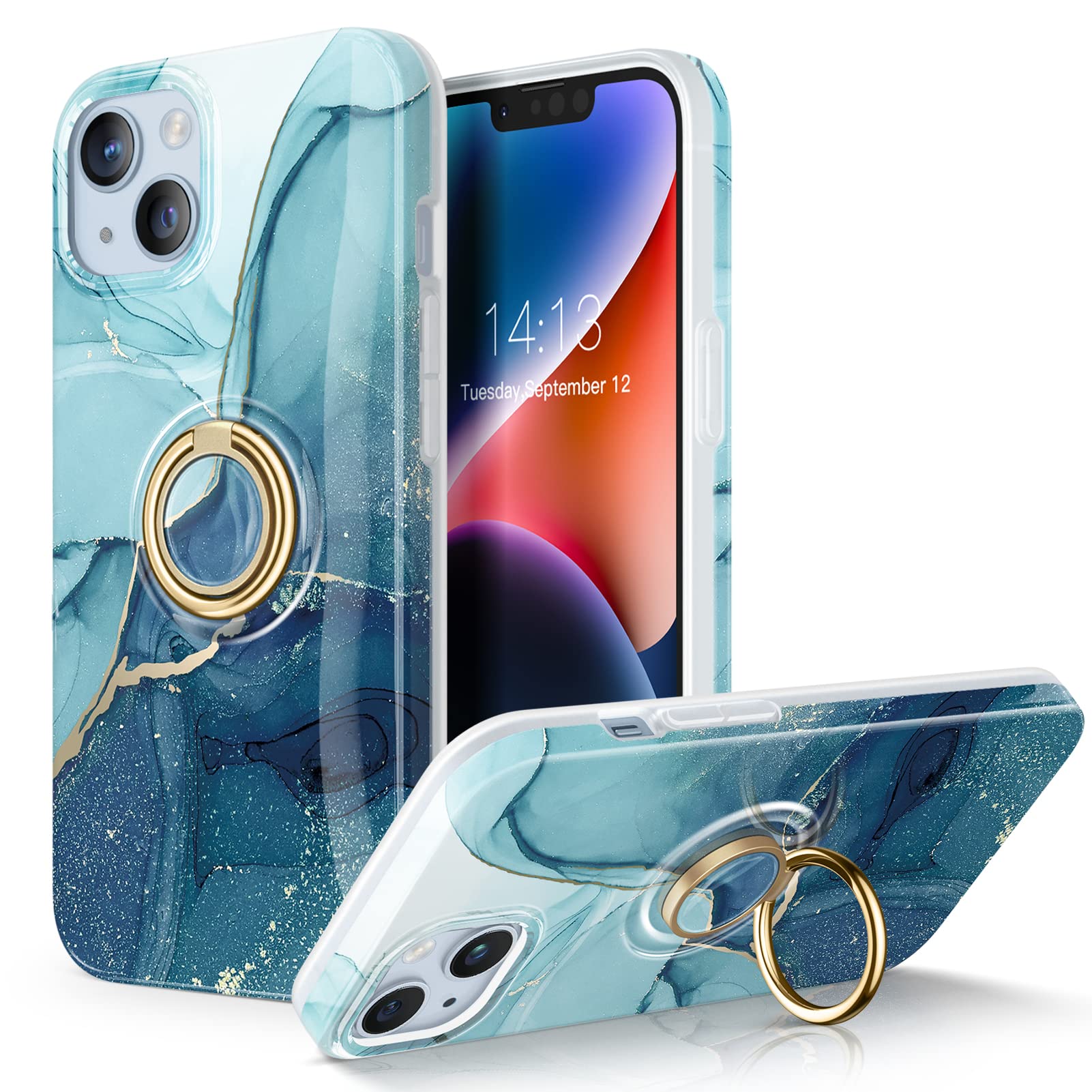 GVIEWINCase Compatible with iPhone Max 6.7 Inch 2022,Built-in 360°Rotatable Ring Holder Stand,Durable Sturdy Shockproof Ultra Slim Marble Kickstand Phone Protective Case Cover (Navy Blue)