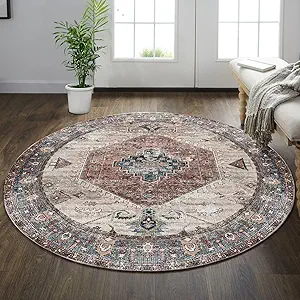 vivorug Round Rug 4FT Vintage Round Area Rug Non-Slip Indoor Carpet for Living Room Bedroom Entryway, Stain Resistant Home Decor Circle Rug, Brown