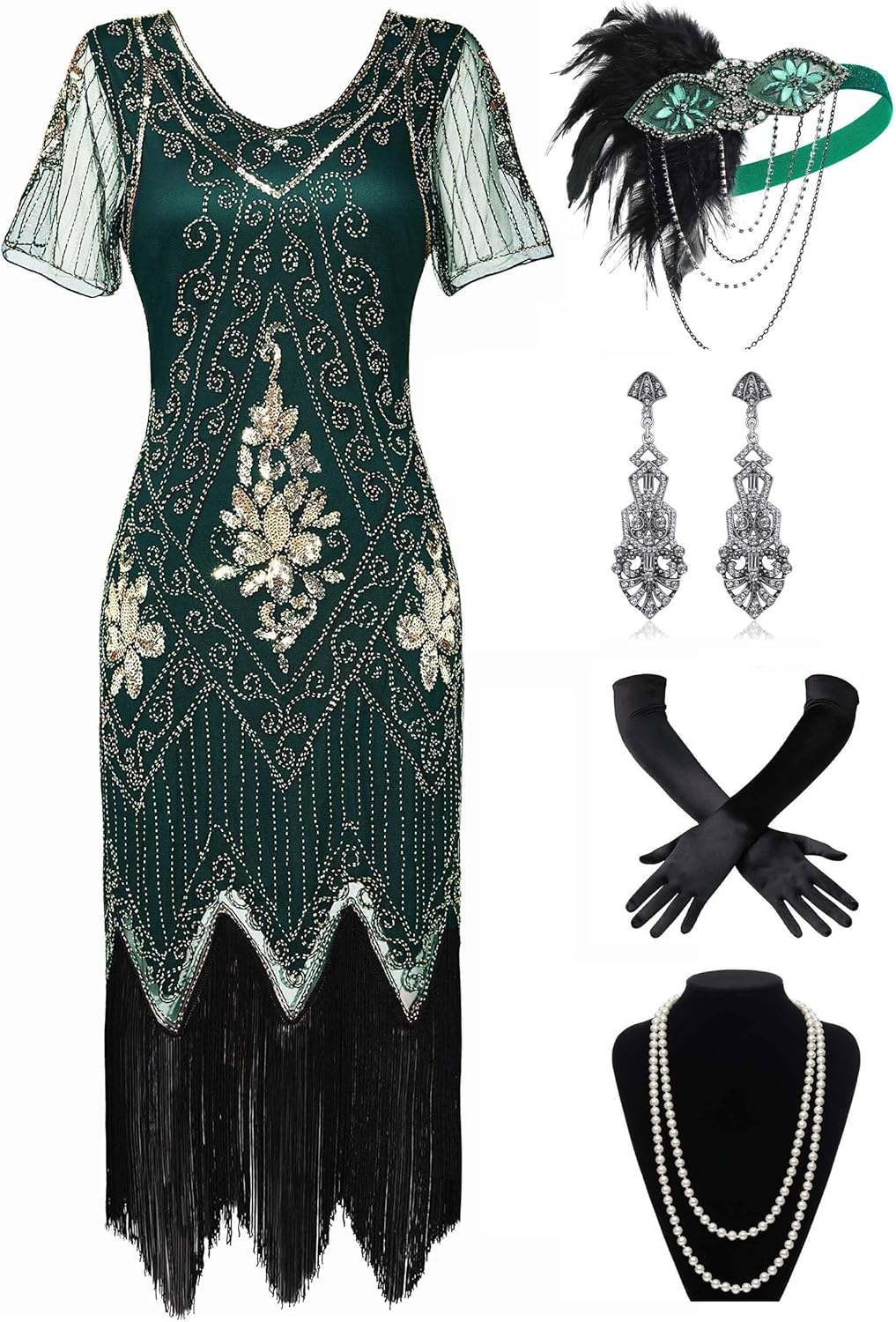 BABEYOND 1920s Art Deco Fringed Sequin Dress Set - Roaring 20s Flapper Fancy Dress Gatsby Costume