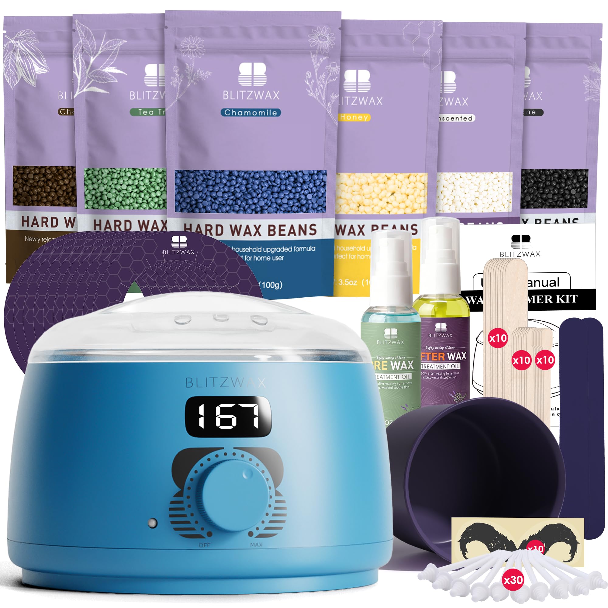 BLITZWAX Back and Nose Waxing Kit for Men, Hard Wax Warmer for Brazilian, Body and Face, At Home Hair Removal Kit, Beginner Friendly, Quick Heating,