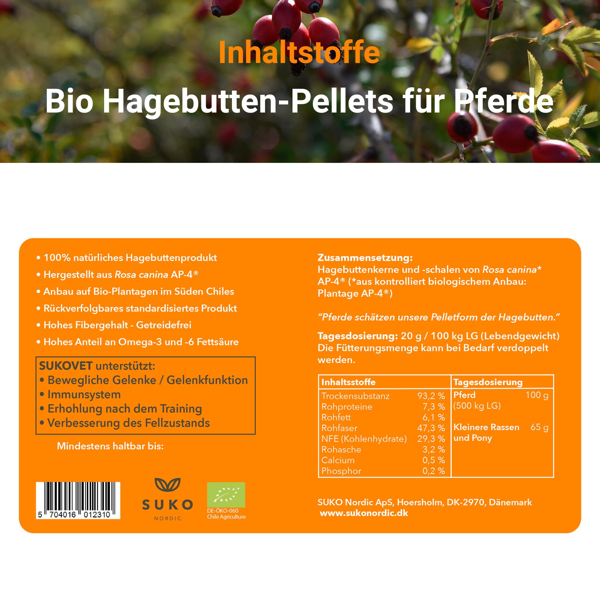 SUKOVet Bio Hagebutten Pellets für Pferde, 3 kg I Natürliche Gelenk- & Immunsystem für Pferde mit Hagebutten I Omega 3 und Omega 6 I Reich an Ballaststoffen I Bio Pferdefutter