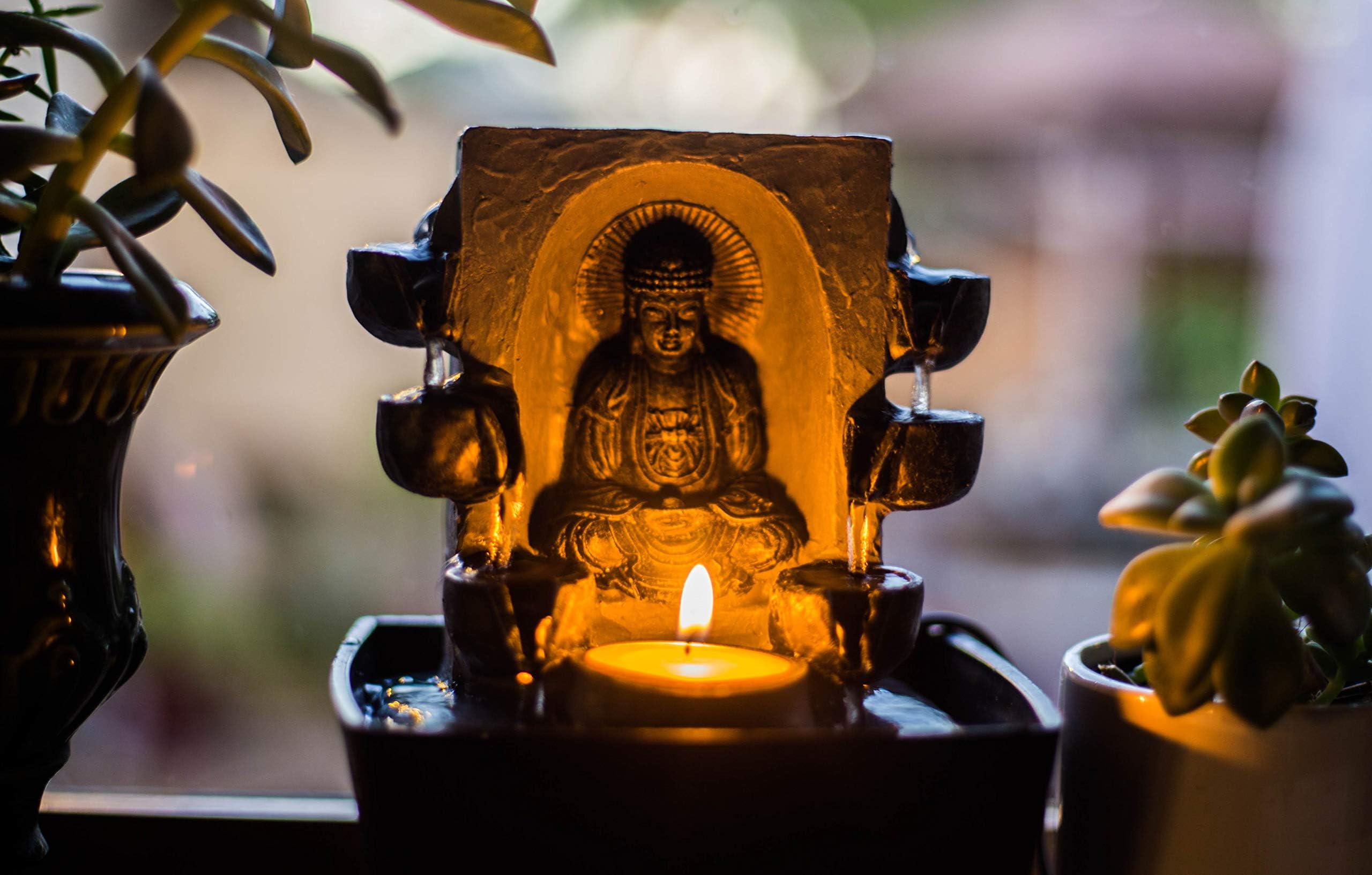 Zen Falls Tabletop Meditating Buddha Candle Multi Tier Waterfall Fountain | 1 Candle & Water Pump Included