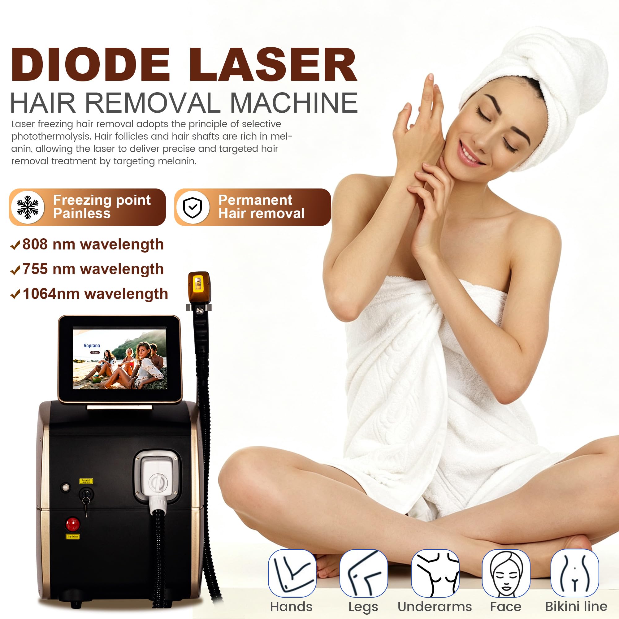 10 Bars, Epilazione laser a diodo 755nm/808nm/1064nm Epilazione indolore | Epilazione permanente Rimuovere i peli superflui da tutto il corpo Uso personale e commerciale