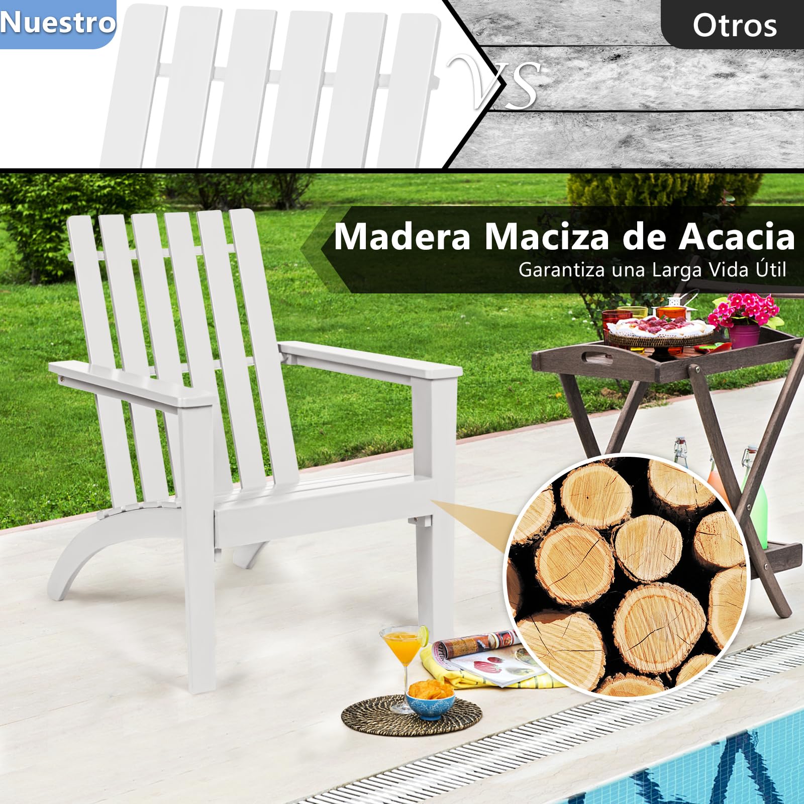 GOPLUS Silla Adirondack de Madera de Acacia, Silla de Jardín con Respaldo y Reposabrazos, Sillón Ergonómica para Terraza Piscina Patio Playa, 68x73x86CM, Carga hasta 160KG (Blanco)