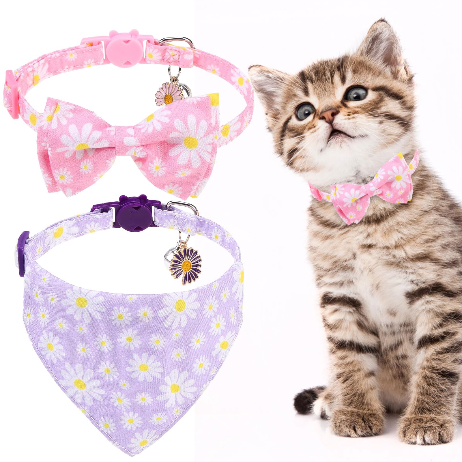 Cute Cat Collar Breakaway with Bells - 2 Pack Adjustable Floral Pet Collar with Removable Bow Tie and Bandana, Safety Buckle for Girl Boy Cats Kitten, Pink Purple Daisy