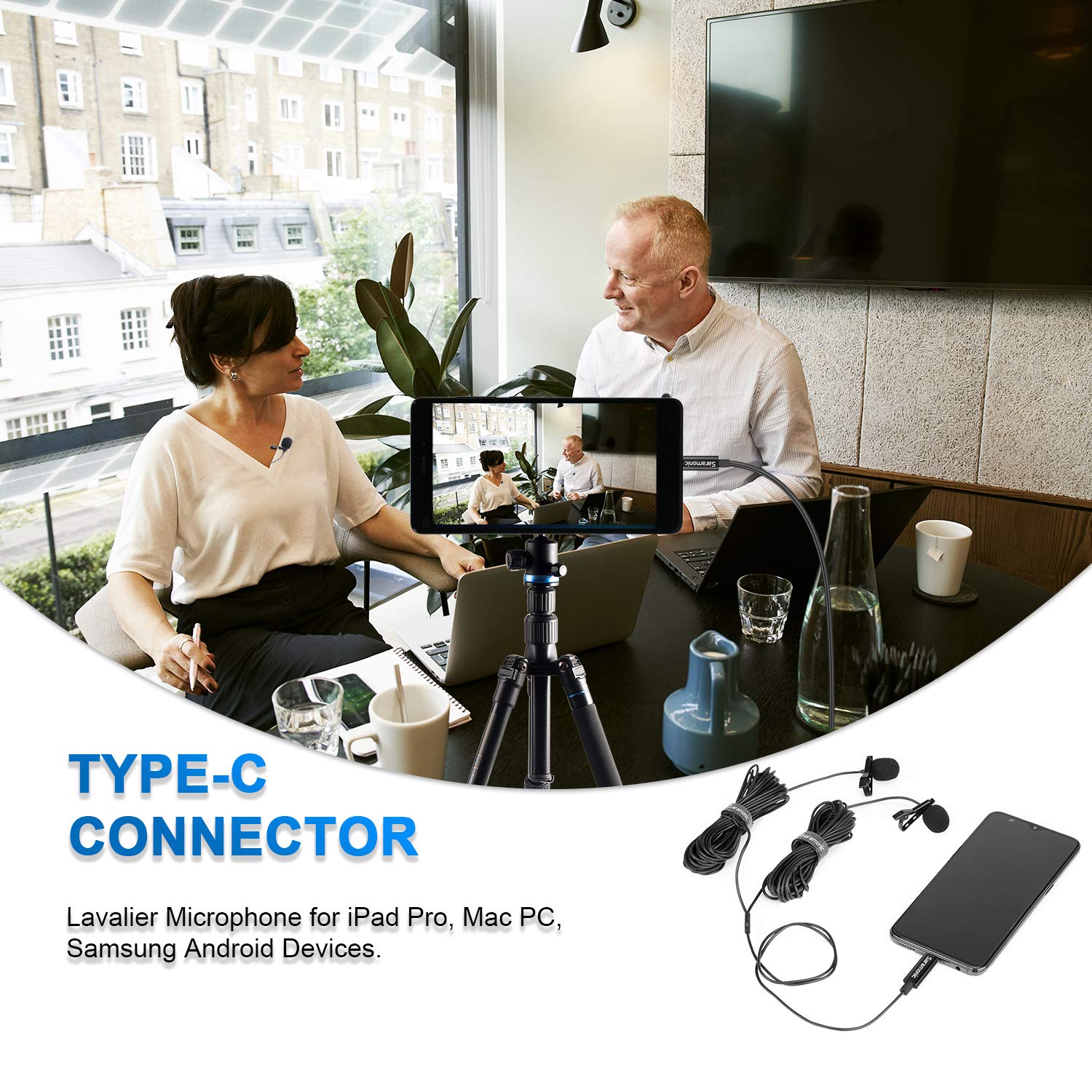 Saramonic LavMicro U3C Micrófono digital omnidireccional de solapa con clip de doble cabezal con conector USB tipo C Compatible con iPad Pro, Mac PC, Samsun, otros teléfonos inteligentes tipo USB-C