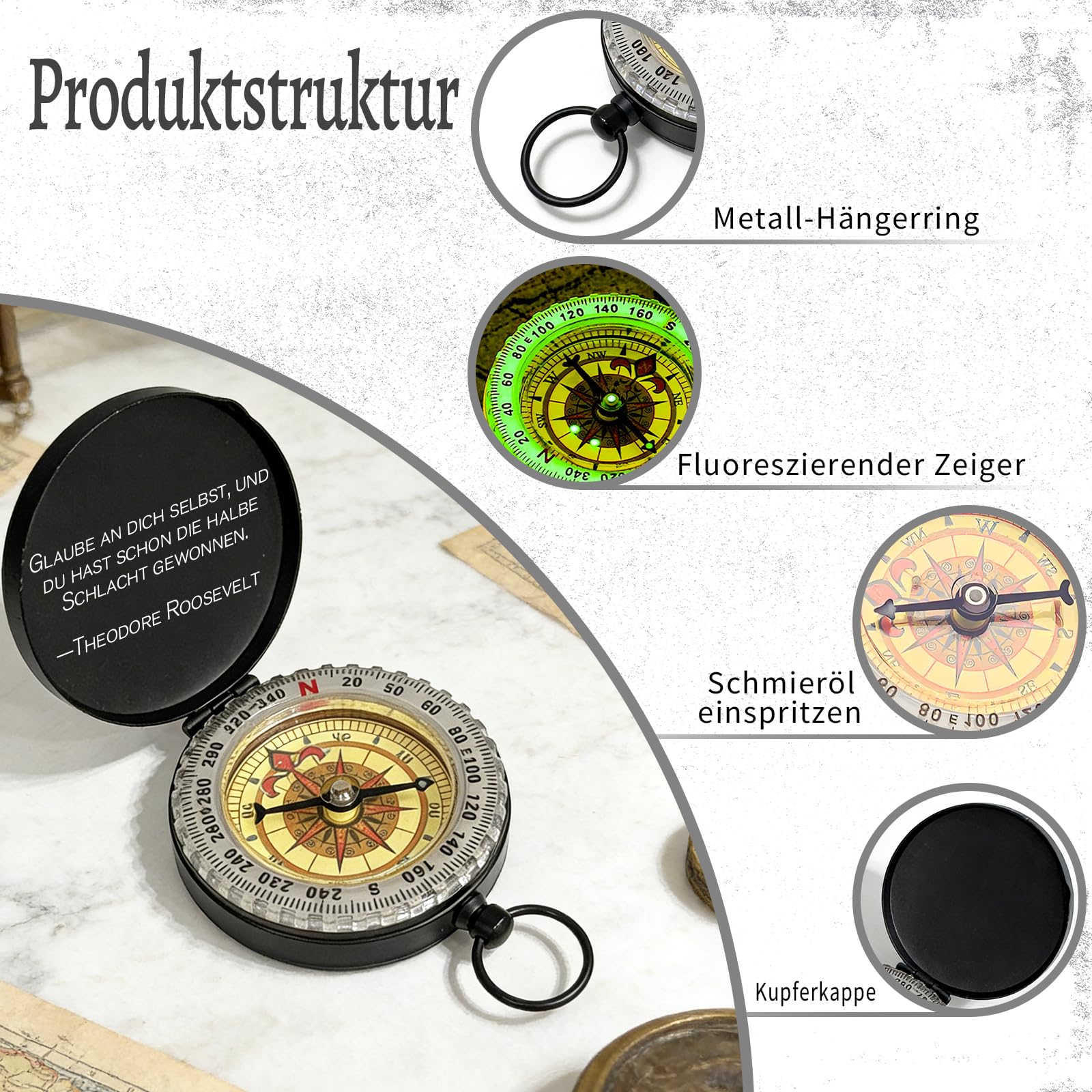Personalisierter Kompass mit Gravur Foto Text Personalisierte Mini Kompas Schlüsselanhänger mit Leuchtziffern Geschenk für Mann Vater Freund Neffe