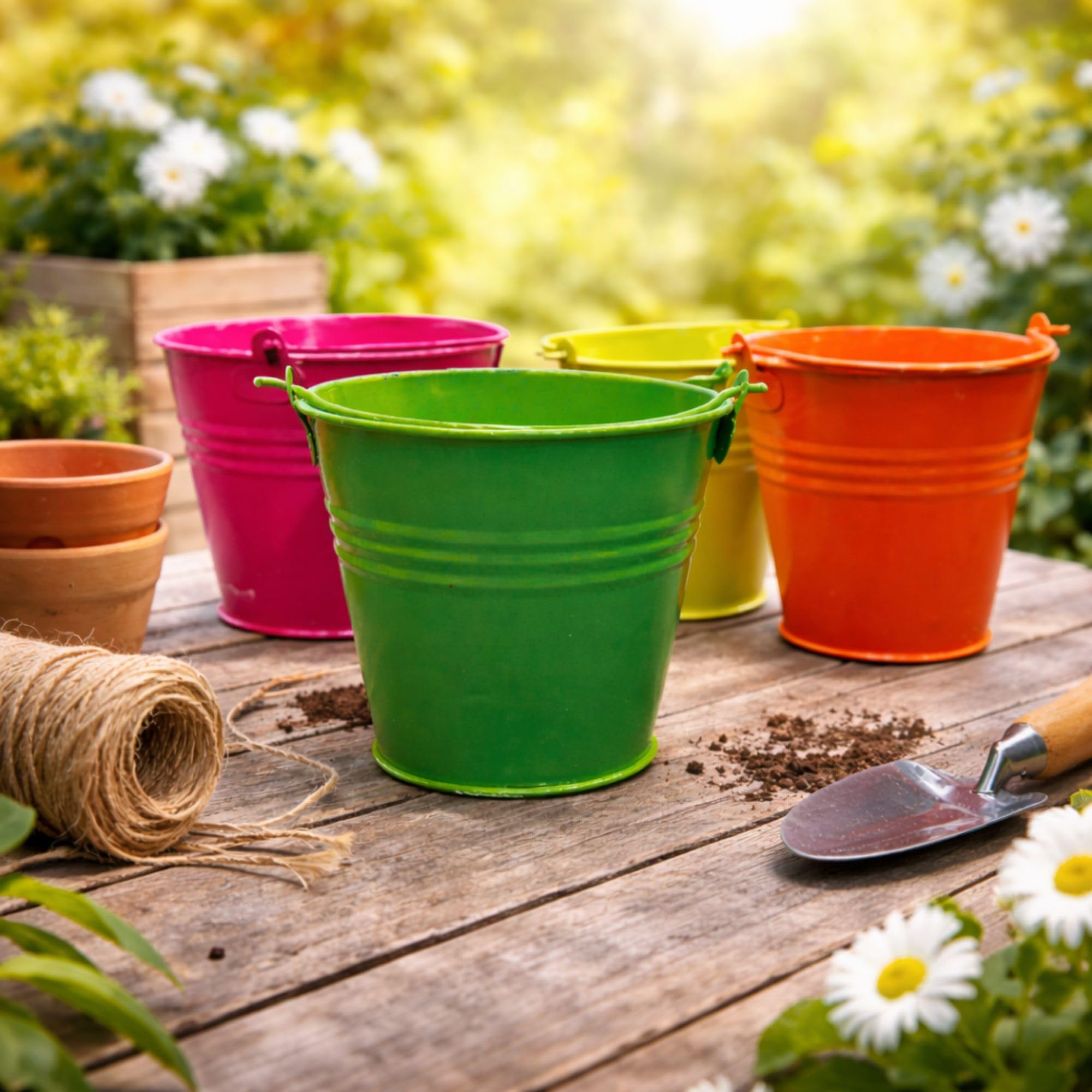Grob Colourful 3 Inch Mini Buckets Pack of 4 |Ideal Mini Flower Pots Perfect Desk Organizing Tiny Buckets for Stationery Items for Home Decor|Powder Coated Iron|Smart Living Product, Multicolour-image-14